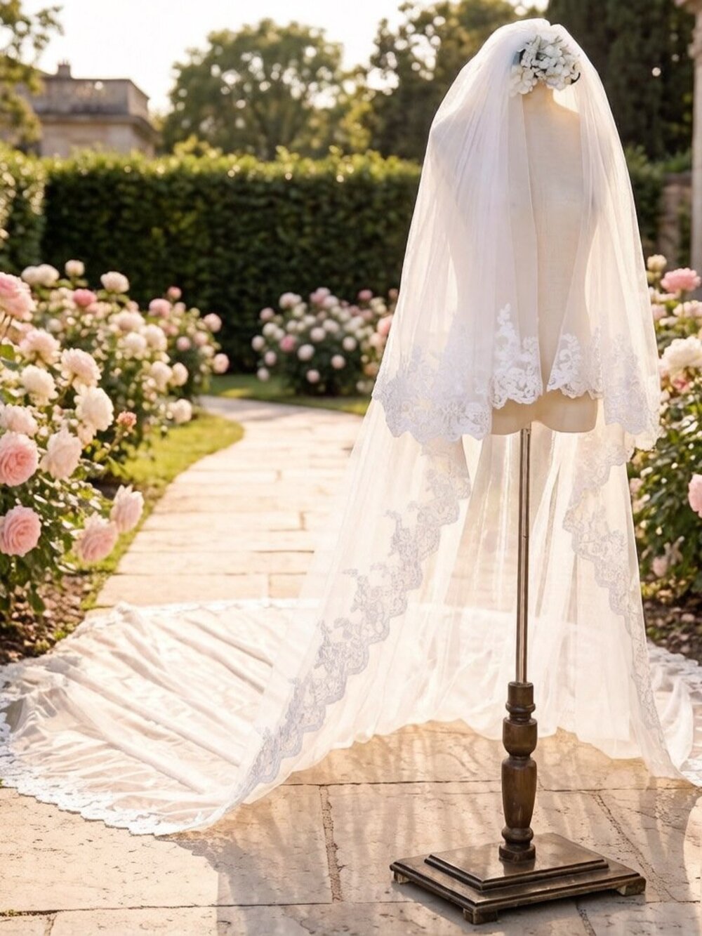White Lace Applique Cathedral Veil 2 Tier Royal Length 138" W/ Blusher Comb